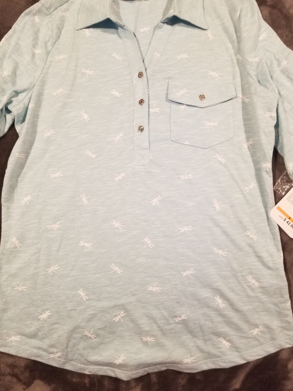 Light Blue Embroidered Dragonfly Polo Top Size Small